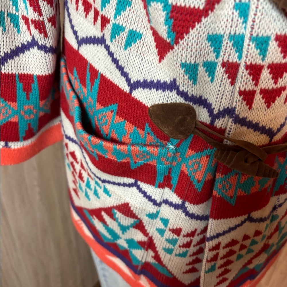 Valleygirl Red Peach Turquoise White and Brown Knit Coat with Faux Fur Hood - Picture 3 of 7